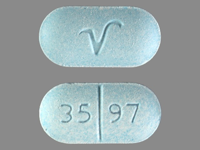 Blue Oval pill with imprint 3597;V — Hydrocodone bitartrate and acetaminophen Hydrocodone bitartrate 10 mg / acetaminophen 650 mg (view 2)