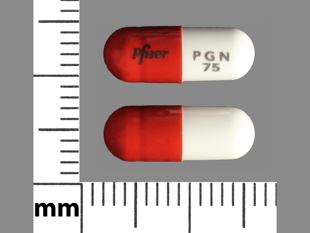 White;orange Capsule pill with imprint Pfizer;PGN;75 — Lyrica Pregabalin 75 mg; (view 2)