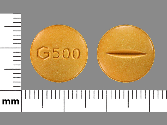 Yellow Round pill with imprint G500 — Sulfasalazine Sulfasalazine 500 mg; (view 2)