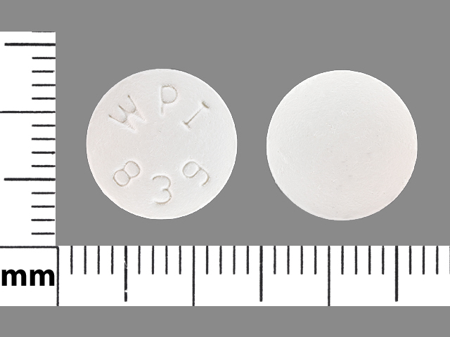 White Round pill with imprint WPI;839 — Bupropion hydrochloride Bupropion hydrochloride 150 mg; (view 4)