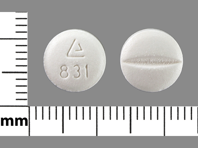 White Round pill with imprint 831 — Metoprolol succinate Metoprolol succinate 50 mg; (view 4)