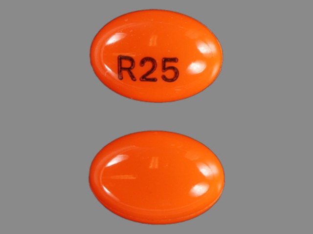 Orange Capsule pill with imprint R25 — Rocaltrol Calcitriol 0.25 ug; (view 2)