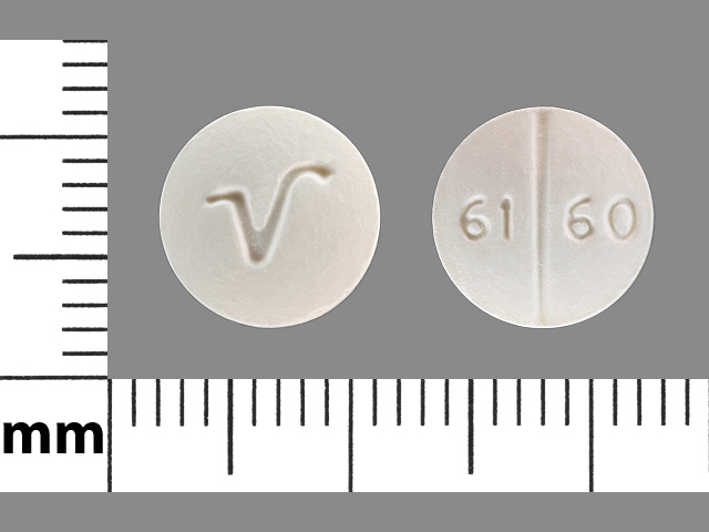White Round pill with imprint 61;60;V — Trazodone hydrochloride Trazodone hydrochloride 50 mg; (view 2)