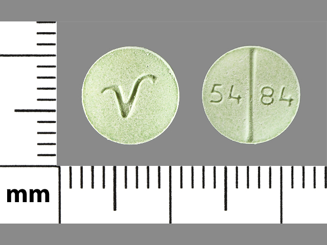 Green Round pill with imprint 54;84;V — Propranolol hydrochloride Propranolol hydrochloride 40 mg; (view 2)