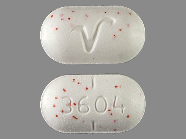 White Oval pill with imprint 3604;V — Hydrocodone bitartrate and acetaminophen Hydrocodone bitartrate 5 mg;acetaminophen 325 mg; (view 2)
