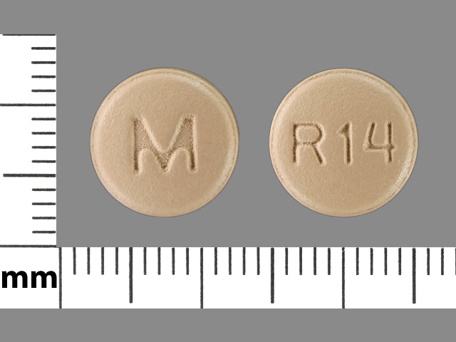 Brown Round pill with imprint M;R14 — Risperidone Risperidone 4 mg; (view 2)