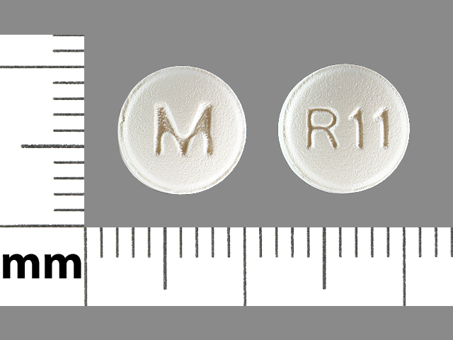 White Round pill with imprint M;R11 — Risperidone Risperidone 1 mg; (view 2)