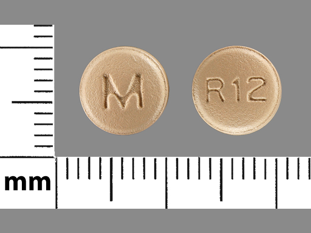 Brown Round pill with imprint M;R12 — Risperidone Risperidone 2 mg; (view 2)