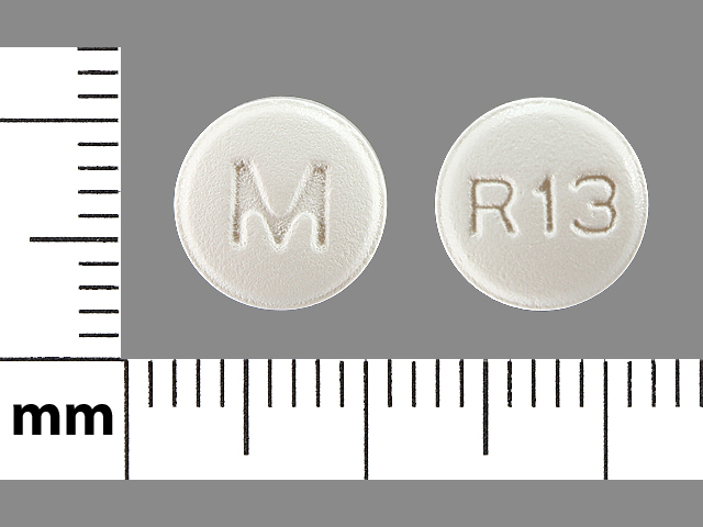 White Round pill with imprint M;R13 — Risperidone Risperidone 3 mg; (view 3)
