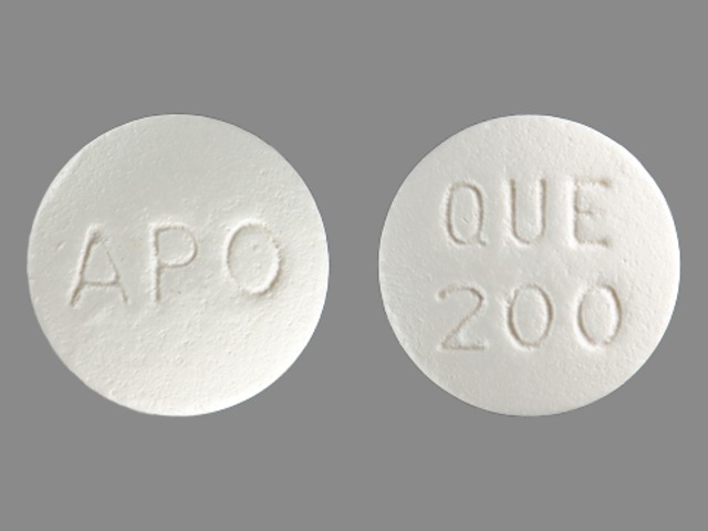 White Round pill with imprint APO;QUE;200 — Quetiapine fumarate Quetiapine fumarate 200 mg; (view 3)