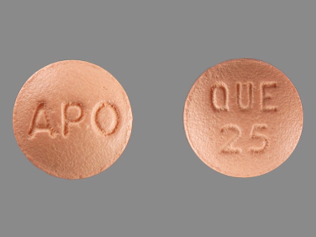 Pink Round pill with imprint APO;QUE;25 — Quetiapine fumarate Quetiapine fumarate 25 mg; (view 2)