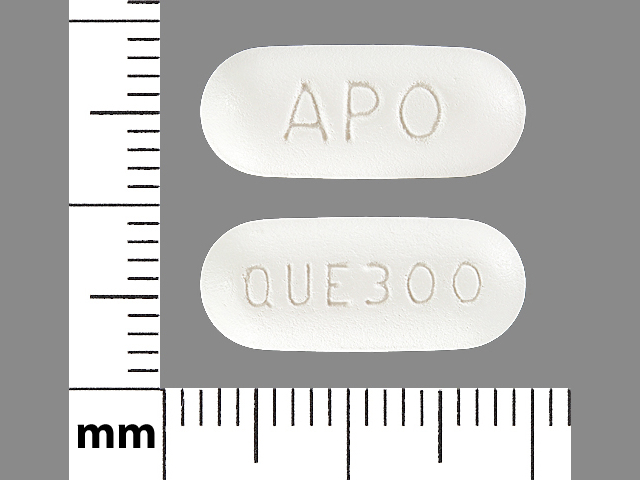 White Capsule pill with imprint APO;QUE300 — Quetiapine fumarate Quetiapine fumarate 300 mg; (view 3)