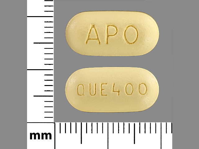 Yellow Capsule pill with imprint APO;QUE400 — Quetiapine fumarate Quetiapine fumarate 400 mg; (view 3)