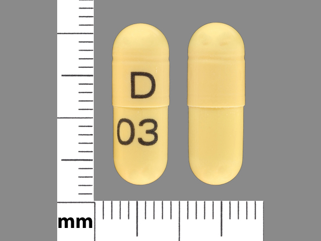 Yellow Capsule pill with imprint D;03 — Gabapentin Gabapentin 300 mg; (view 6)