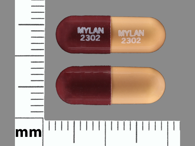 Brown;brown Capsule pill with imprint MYLAN;2302 — Prazosin hydrochloride Prazosin hydrochloride 2 mg; (view 3)