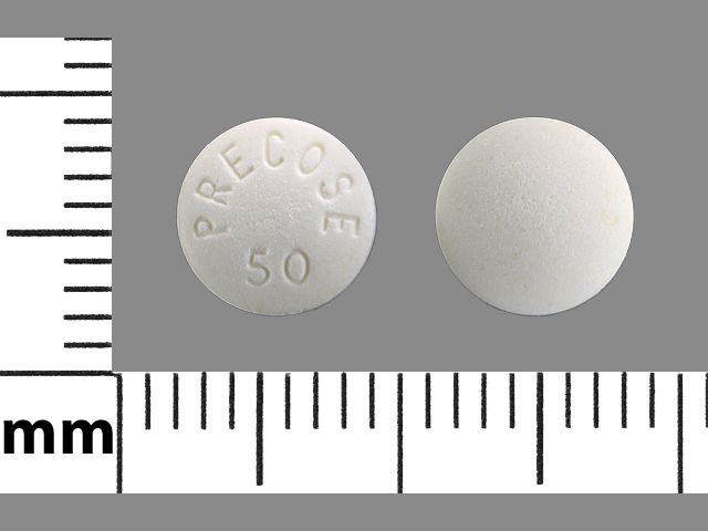 White Round pill with imprint PRECOSE;50 — Precose Acarbose 50 mg; (view 2)