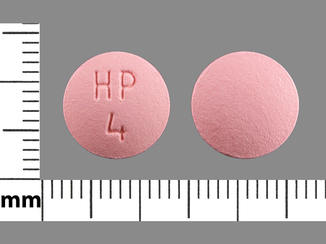 Pink Round pill with imprint HP;4 — Hydralazine hydrochloride Hydralazine hydrochloride 100 mg; (view 3)