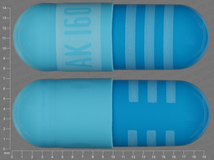 Blue Capsule pill with imprint AK;160 — Propranolol hydrochloride Propranolol hydrochloride 160 mg; (view 2)