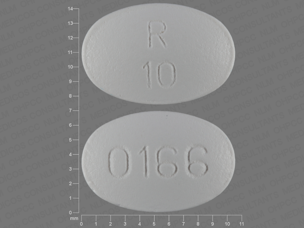 Blue Oval pill with imprint R;10;0166 — Olanzapine Olanzapine 10 mg; (view 3)
