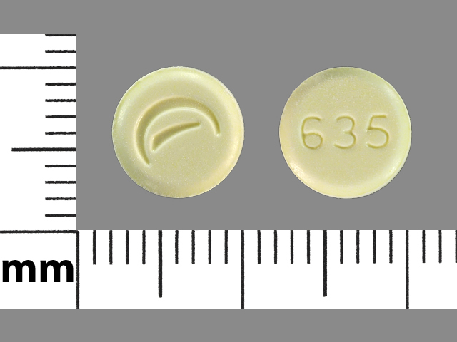 Yellow Round pill with imprint 635 — Lovastatin (view 2)