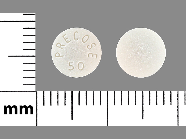 White Round pill with imprint PRECOSE;50 — Acarbose 50 mg (view 2)