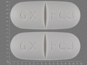 White Oval pill with imprint GX;FC3 — Lamivudine/zidovudine 150 mg/300 mg (view 2)