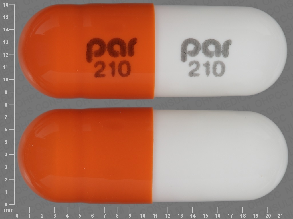 Orange Capsule pill with imprint par;210 — Propafenone hydrochloride Propafenone hydrochloride 325 mg; (view 2)