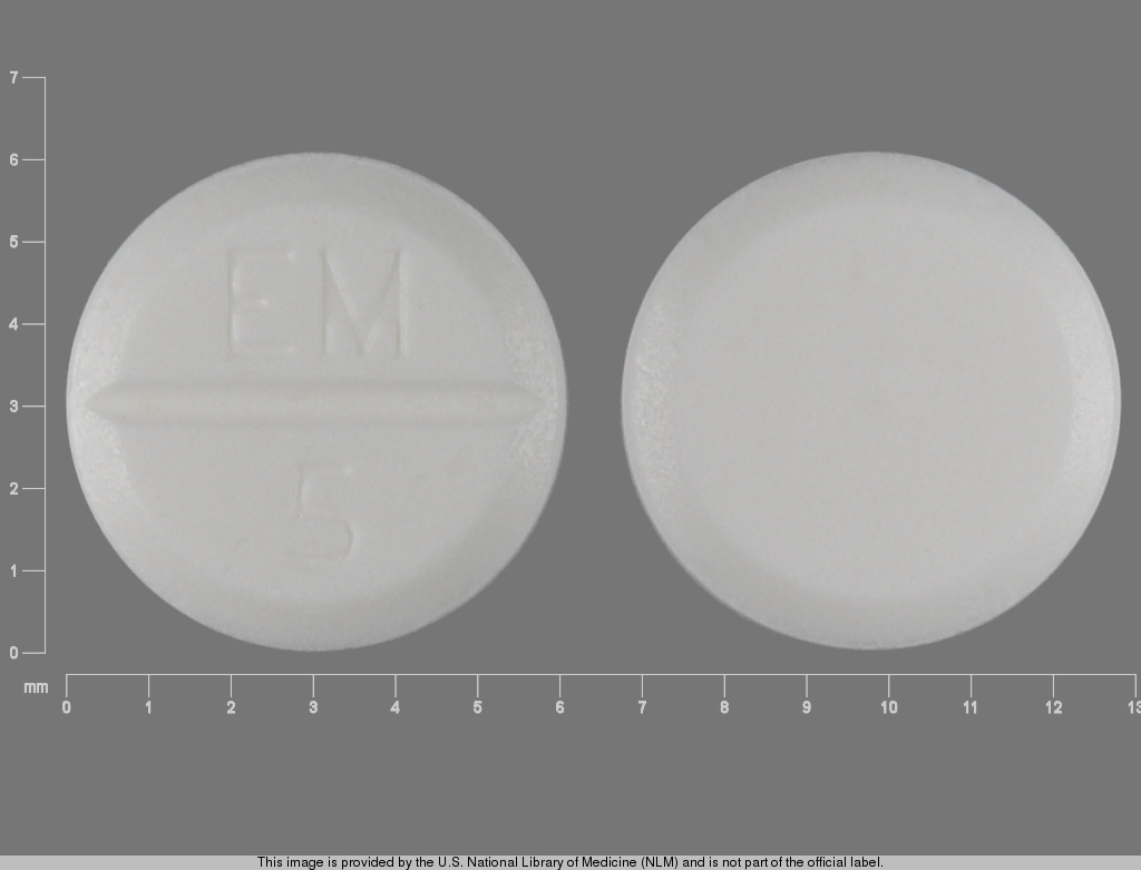 White Round pill with imprint EM;5 — Methimazole Methimazole 5 mg; (view 2)