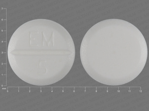 White Round pill with imprint EM;5 — Methimazole Methimazole 5 mg; (view 3)