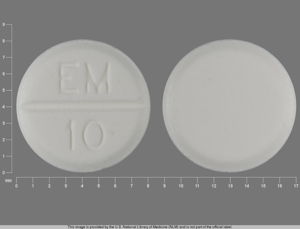 White Round pill with imprint EM;10 — Methimazole Methimazole 10 mg; (view 2)