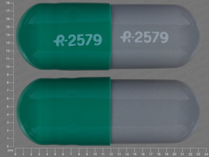 Green, gray Capsule pill with imprint R;2579;R;2579 — Diltiazem hydrochloride 300 mg (view 2)