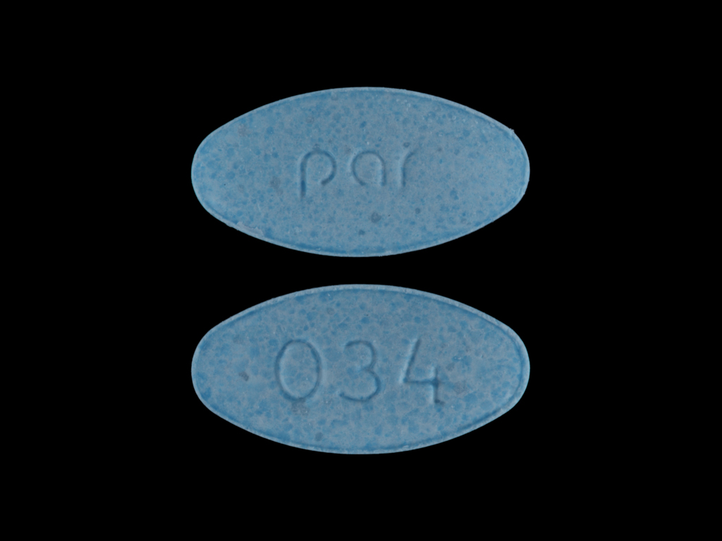 Blue Oval pill with imprint par;034 — Meclizine hydrochloride 12.5 mg (view 3)
