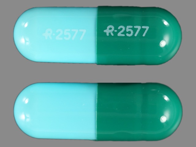 Green;blue Capsule pill with imprint R;2577 — Diltiazem hydrochloride Diltiazem hydrochloride 180 mg; (view 4)