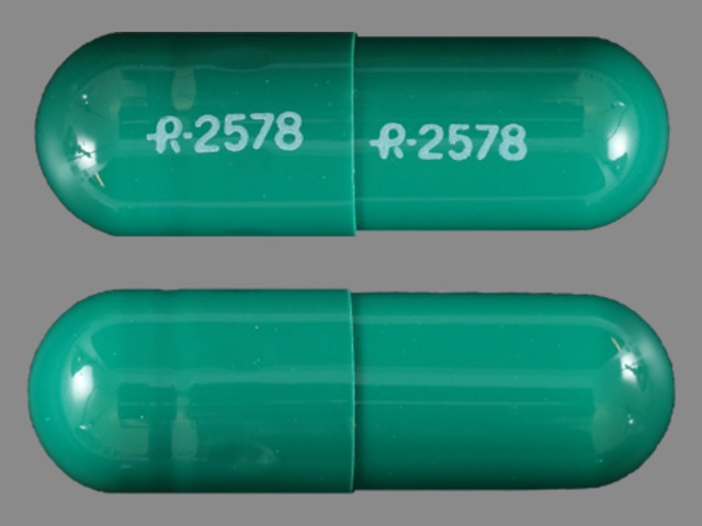 Green Capsule pill with imprint R;2578 — Diltiazem hydrochloride Diltiazem hydrochloride 240 mg; (view 3)