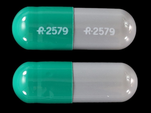 Green;gray Capsule pill with imprint R;2579 — Diltiazem hydrochloride Diltiazem hydrochloride 300 mg; (view 2)