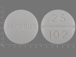 White Round pill with imprint JACOBUS;25;102 — Dapsone Dapsone 25 mg; (view 2)