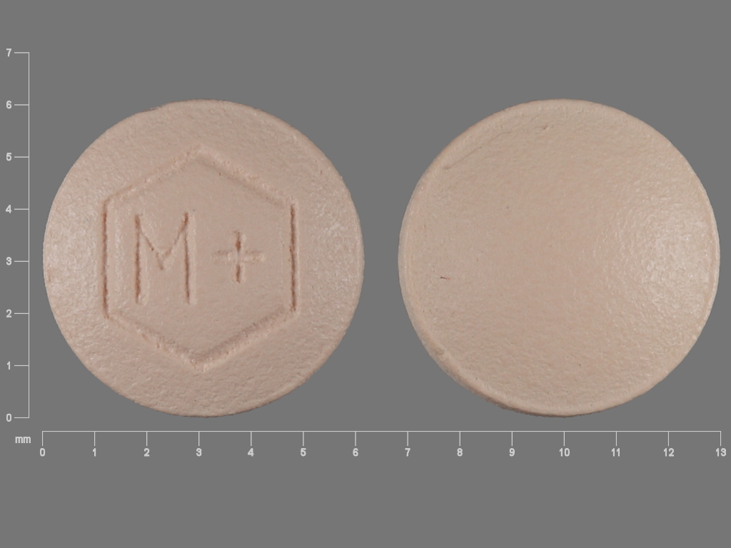 Orange Round pill with imprint M — Drospirenone/ethinyl estradiol/levomefolate calcium and levomefolate calcium Levomefolate calcium 0.451 mg; (view 2)