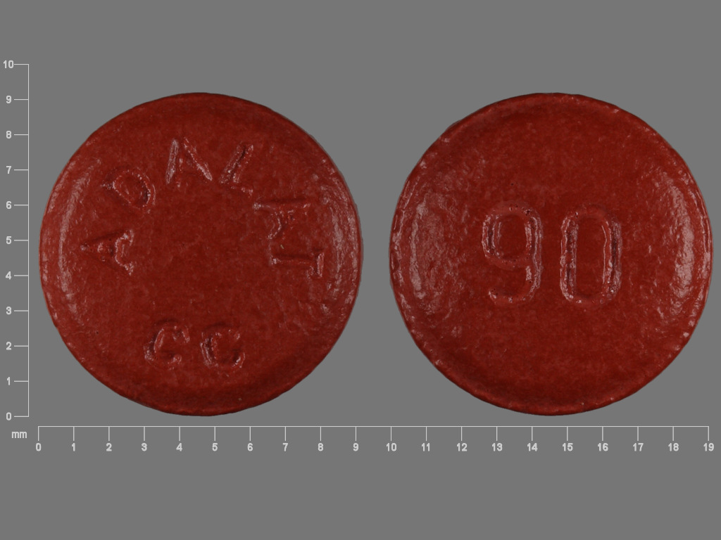 Pink Round pill with imprint 90;ADALAT;CC — Adalat cc Nifedipine 90 mg; (view 2)