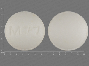 White Round pill with imprint M77 — Amitriptyline hydrochloride Amitriptyline hydrochloride 10 mg; (view 3)