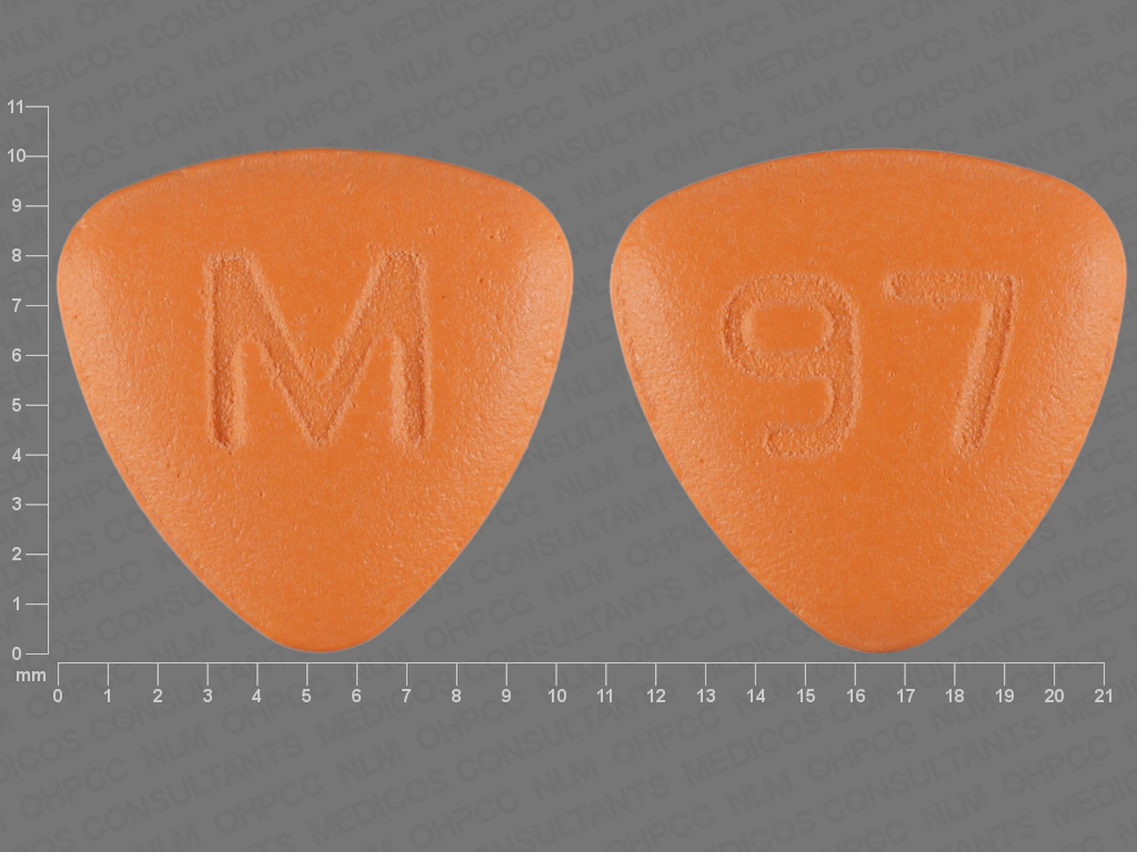 Orange Triangle pill with imprint M;97 — Fluphenazine hydrochloride Fluphenazine hydrochloride 10 mg; (view 2)