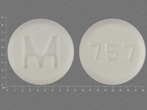 White Round pill with imprint M;757 — Atenolol Atenolol 100 mg; (view 2)