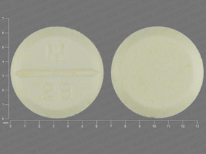 Yellow Round pill with imprint M;28 — Nadolol Nadolol 20 mg; (view 4)