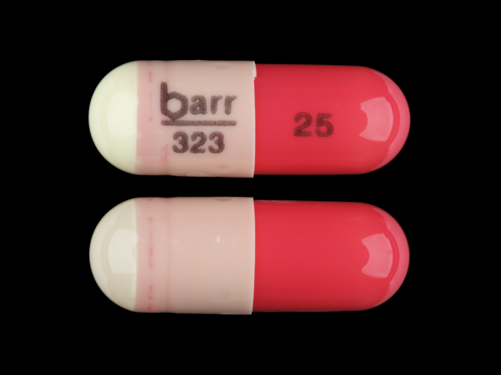 Yellow, red Capsule pill with imprint barr;323;25 — Hydroxyzine pamoate 25 mg (view 4)