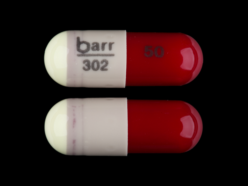 Yellow;red Capsule pill with imprint barr;302;50 — Hydroxyzine pamoate Hydroxyzine pamoate 50 mg; (view 2)