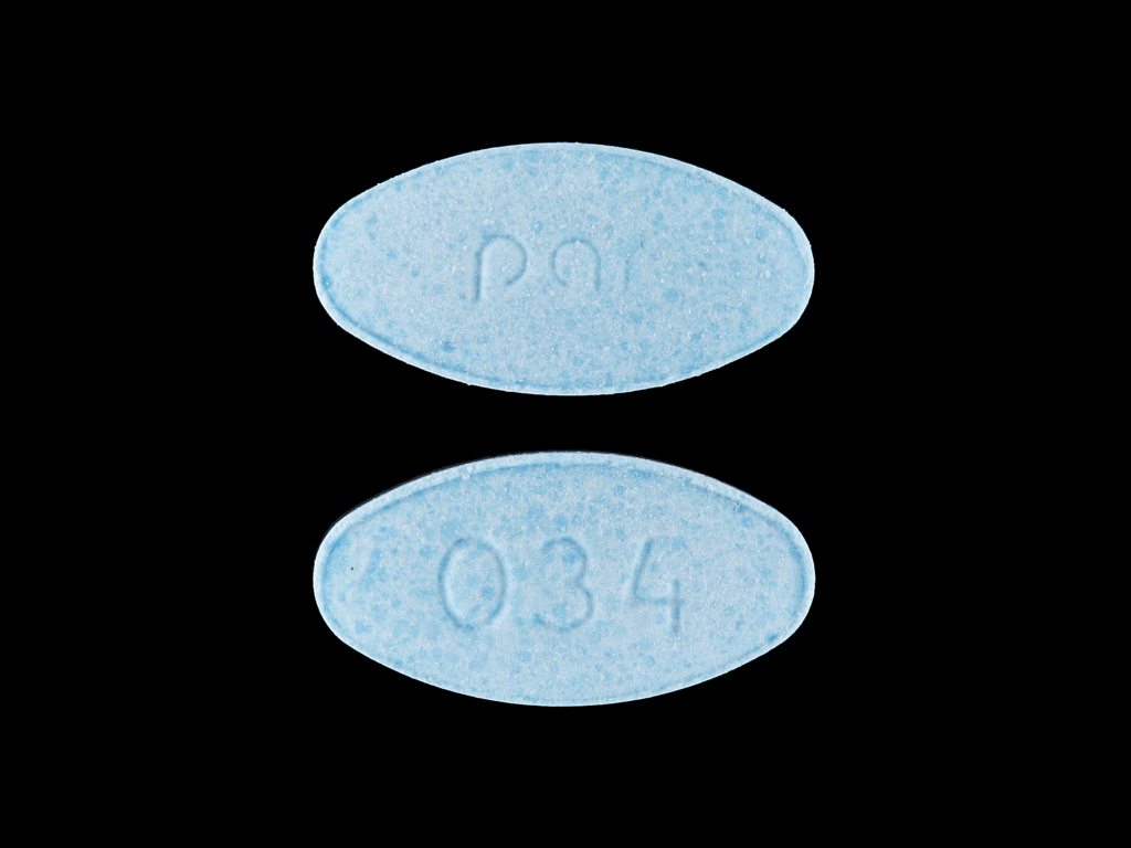 Blue Oval pill with imprint par;034 — Meclizine hydrochloride 12.5 mg (view 2)