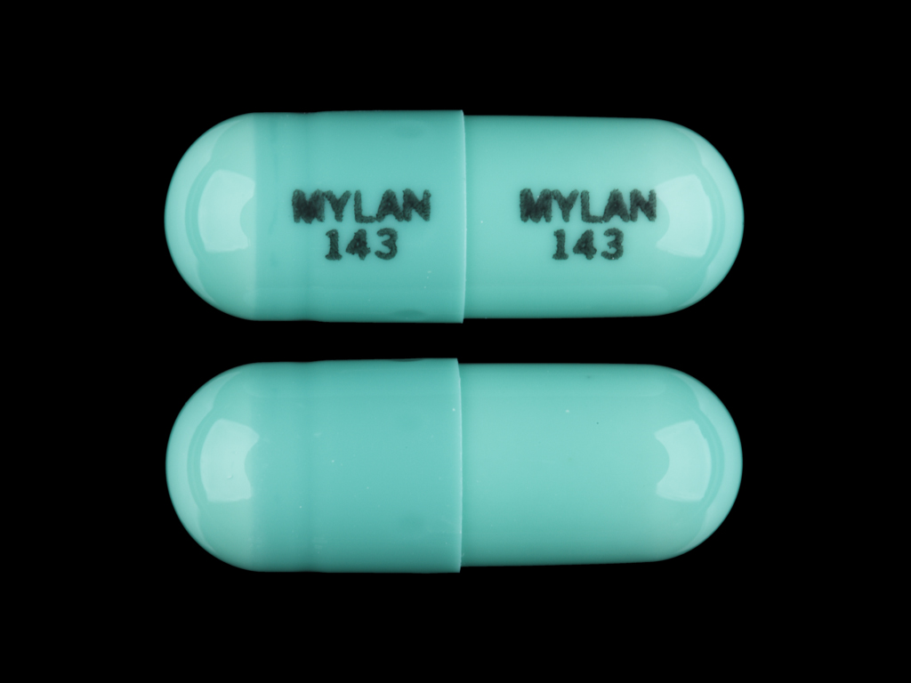 Green Capsule pill with imprint MYLAN;143 — Indomethacin Indomethacin 25 mg; (view 3)