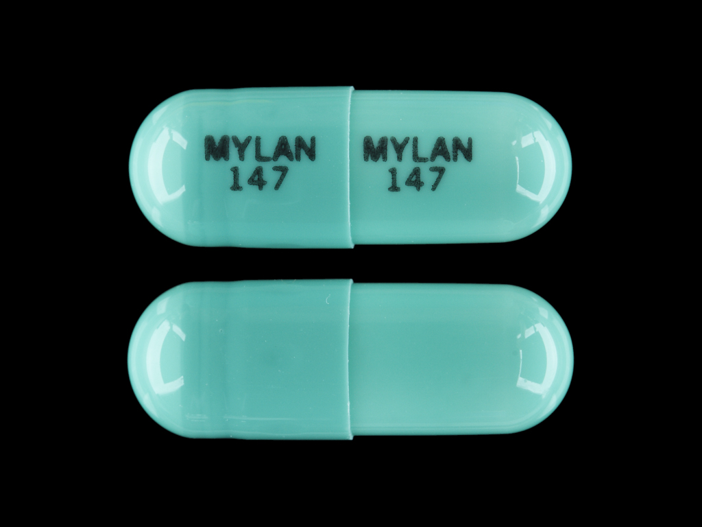 Green Capsule pill with imprint MYLAN;147 — Indomethacin Indomethacin 50 mg; (view 2)