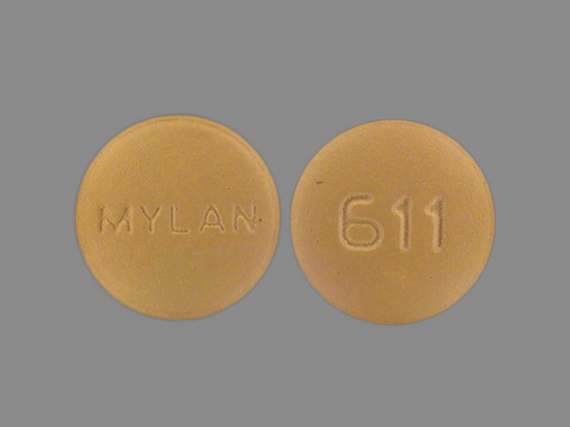 Brown Round pill with imprint MYLAN;611 — Methyldopa Methyldopa 250 mg; (view 2)