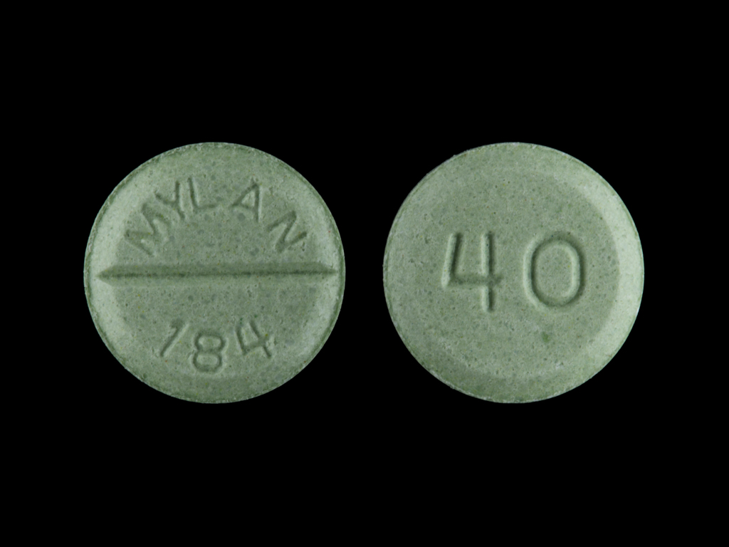 Green Round pill with imprint MYLAN;184;40 — Propranolol hydrochloride 40 mg (view 2)
