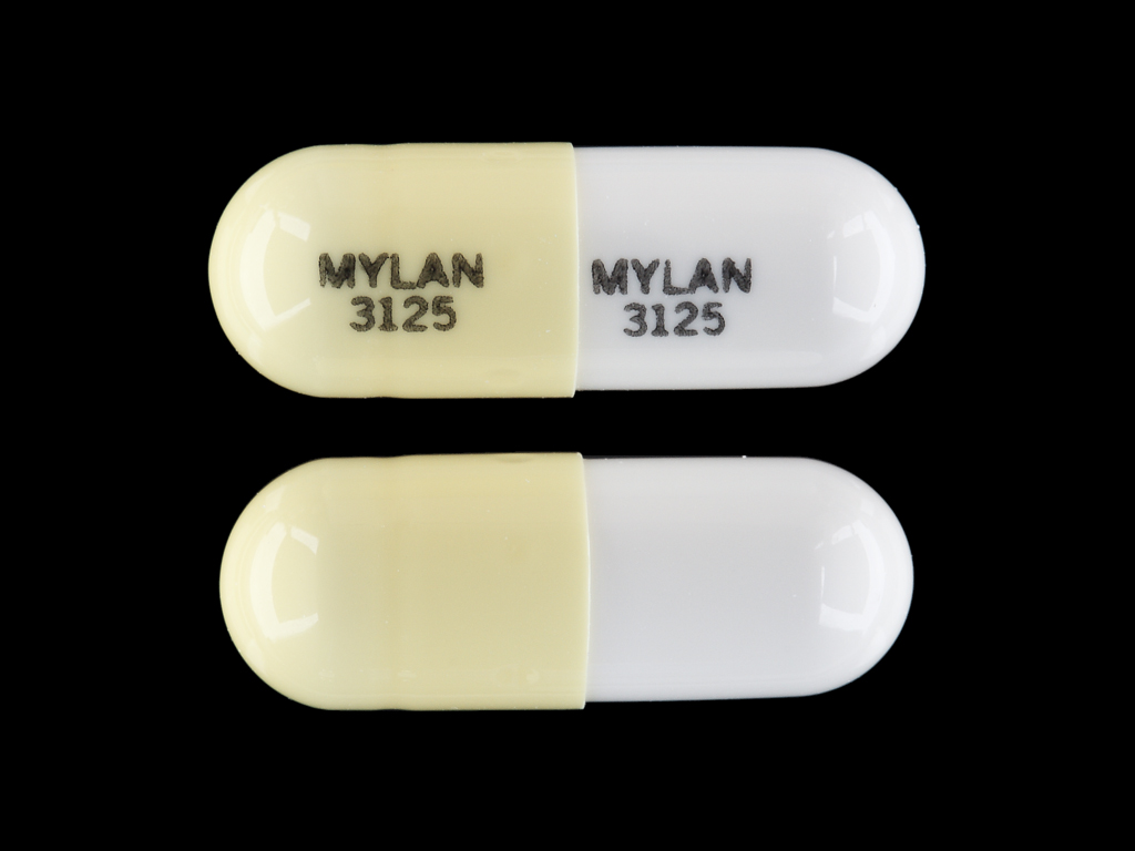 White;white Capsule pill with imprint MYLAN;3125 — Doxepin hydrochloride Doxepin hydrochloride 25 mg; (view 2)